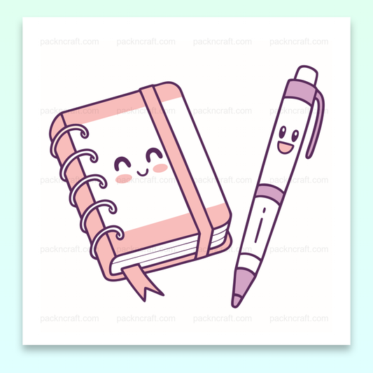 Duo joyeux d'un carnet et d'un stylo en style kawaii pour projets DIY et éducatifs