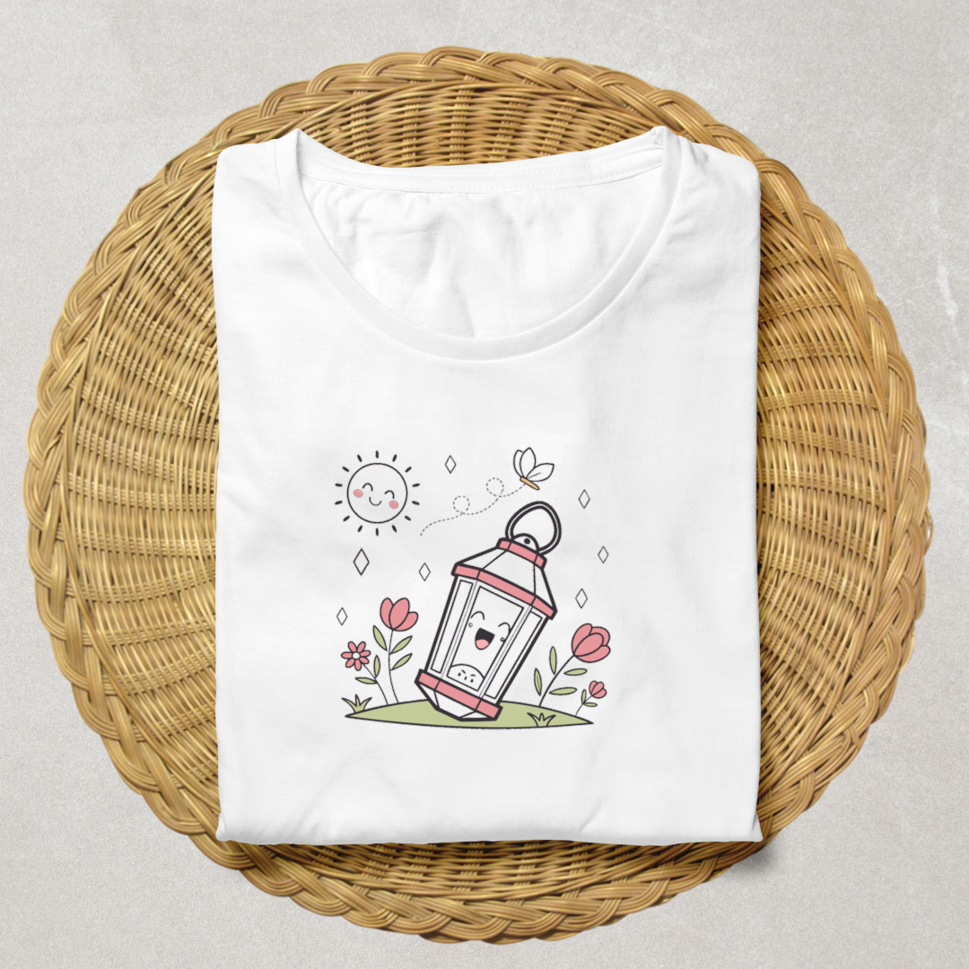 T-shirt avec lanterne joyeuse et motifs floraux printemps style kawaii
