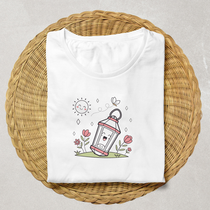 T-shirt avec lanterne joyeuse et motifs floraux printemps style kawaii