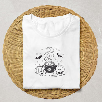T-shirt avec chaudron magique et citrouilles, parfait pour Halloween, design captivant