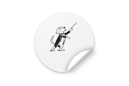 Sticker représentant un chef d'orchestre canin dans une scène musicale rétro vibrante