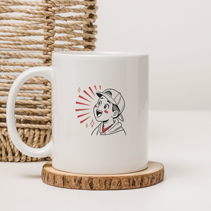 Mug amusant avec une icône jeune garçon ébahi style enfantin vibrant