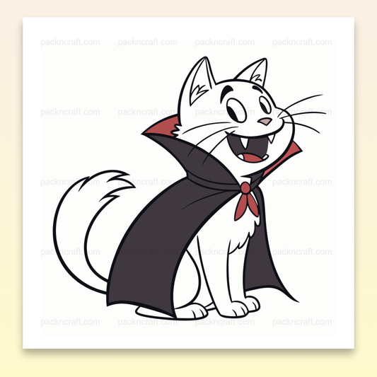 Illustration d'un chat vampire joyeux en style cartoon, parfaite pour Halloween et projets créatifs.