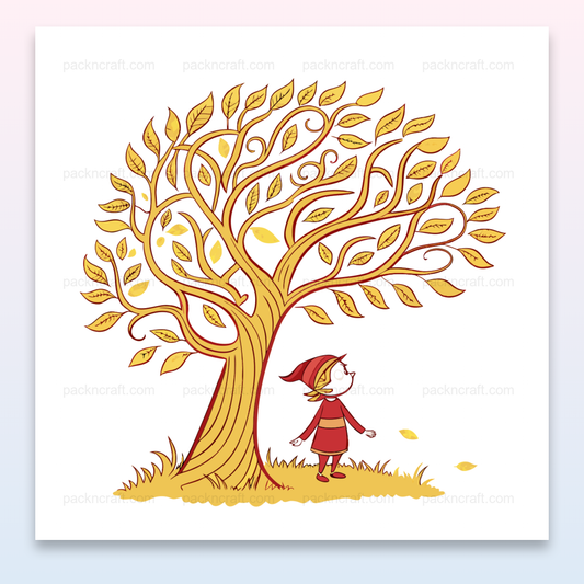 Illustration automnale d'un enfant rêveur sous un arbre, parfait pour DIY et éducation.