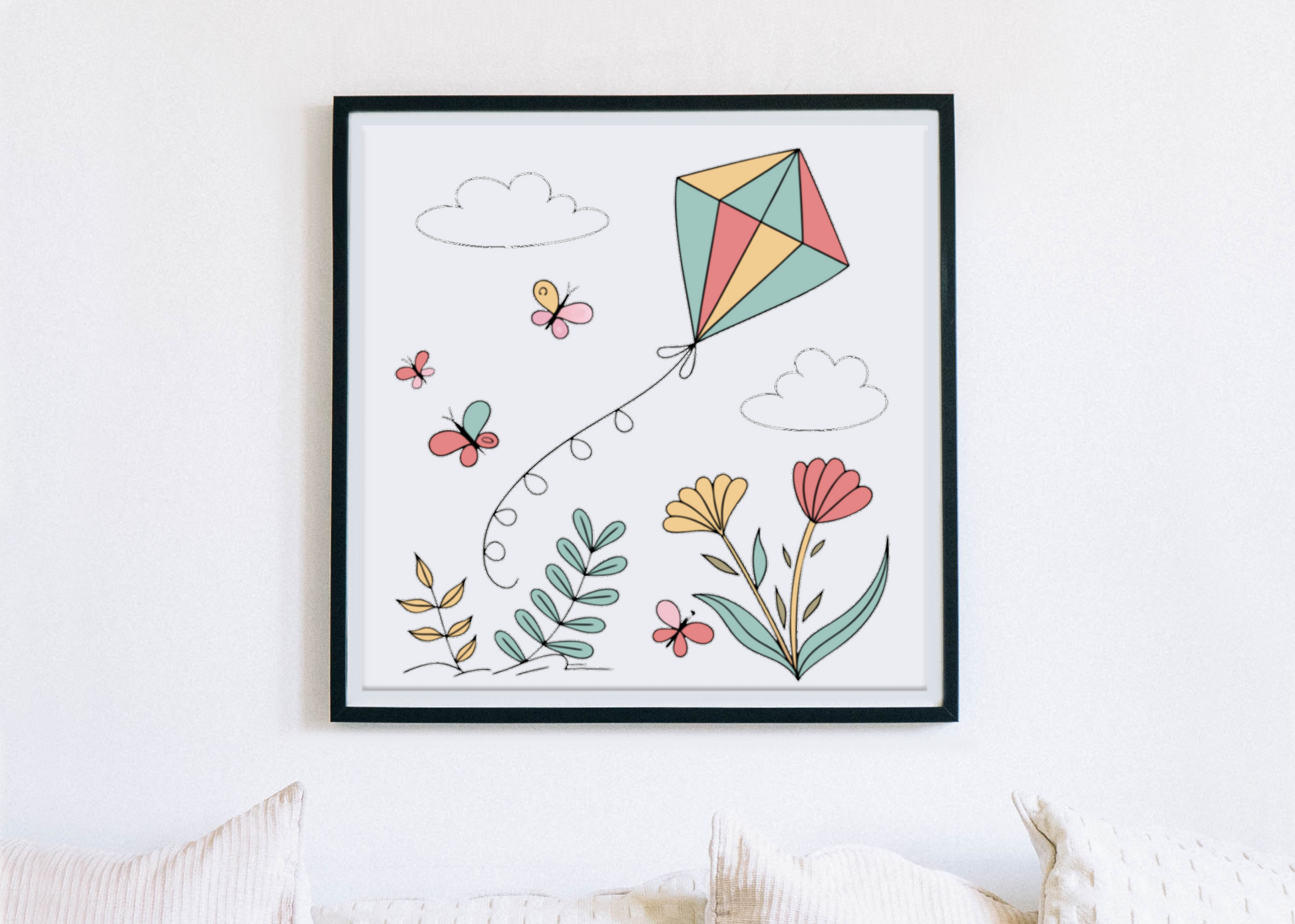 Cadre orné d’un cerf-volant pastel flottant sur fond de jardin printanier dynamique