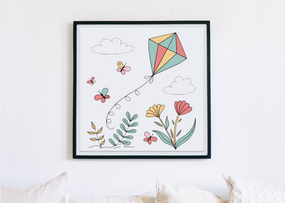 Cadre orné d’un cerf-volant pastel flottant sur fond de jardin printanier dynamique