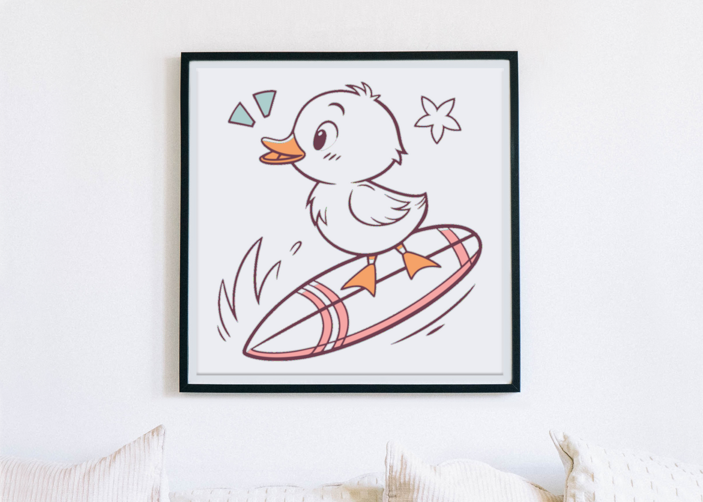 Cadre avec caneton surfeur joyeux dans des tons pastel pour une déco estivale