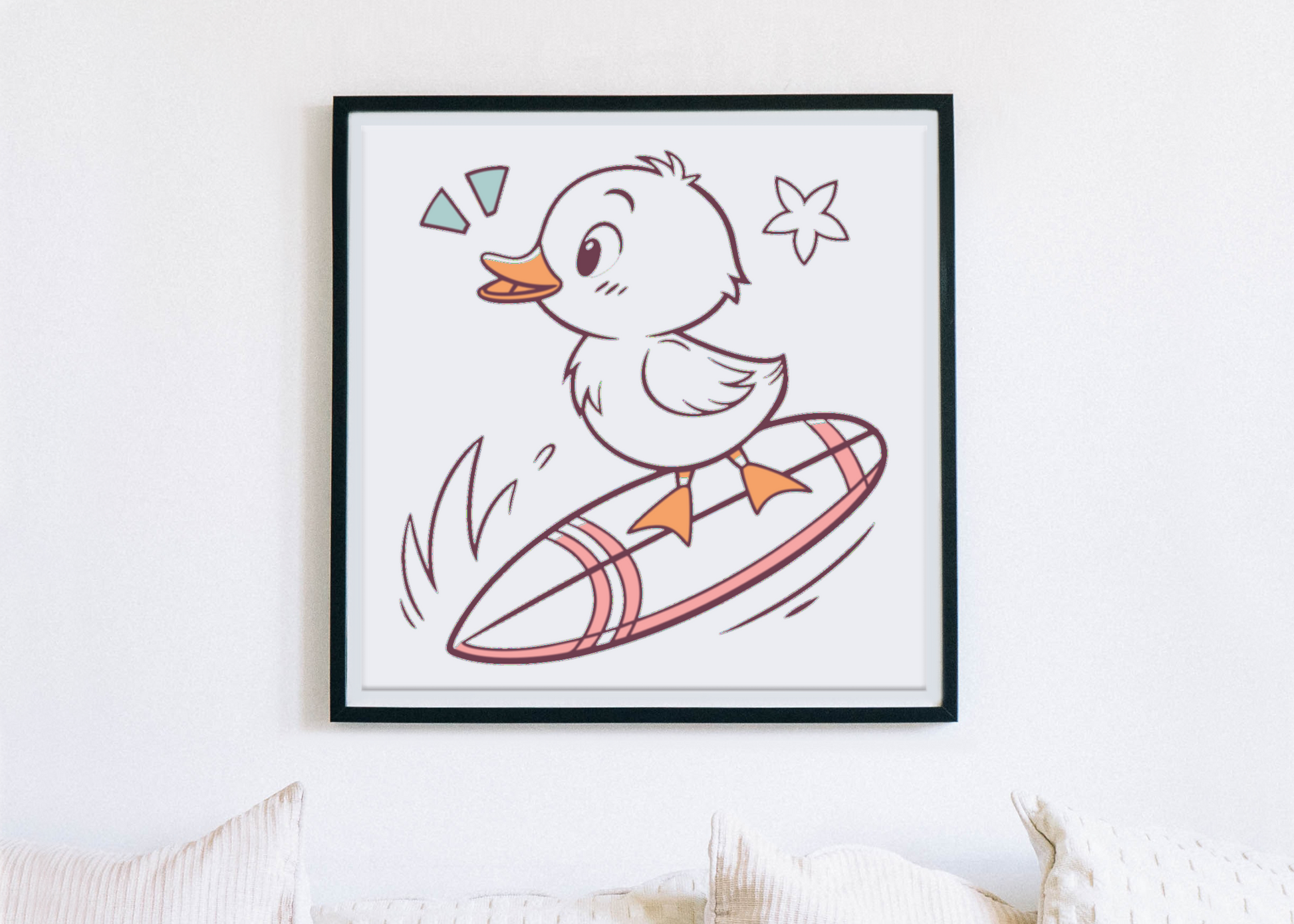 Cadre avec caneton surfeur joyeux dans des tons pastel pour une déco estivale