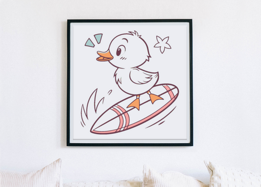 Cadre avec caneton surfeur joyeux dans des tons pastel pour une déco estivale