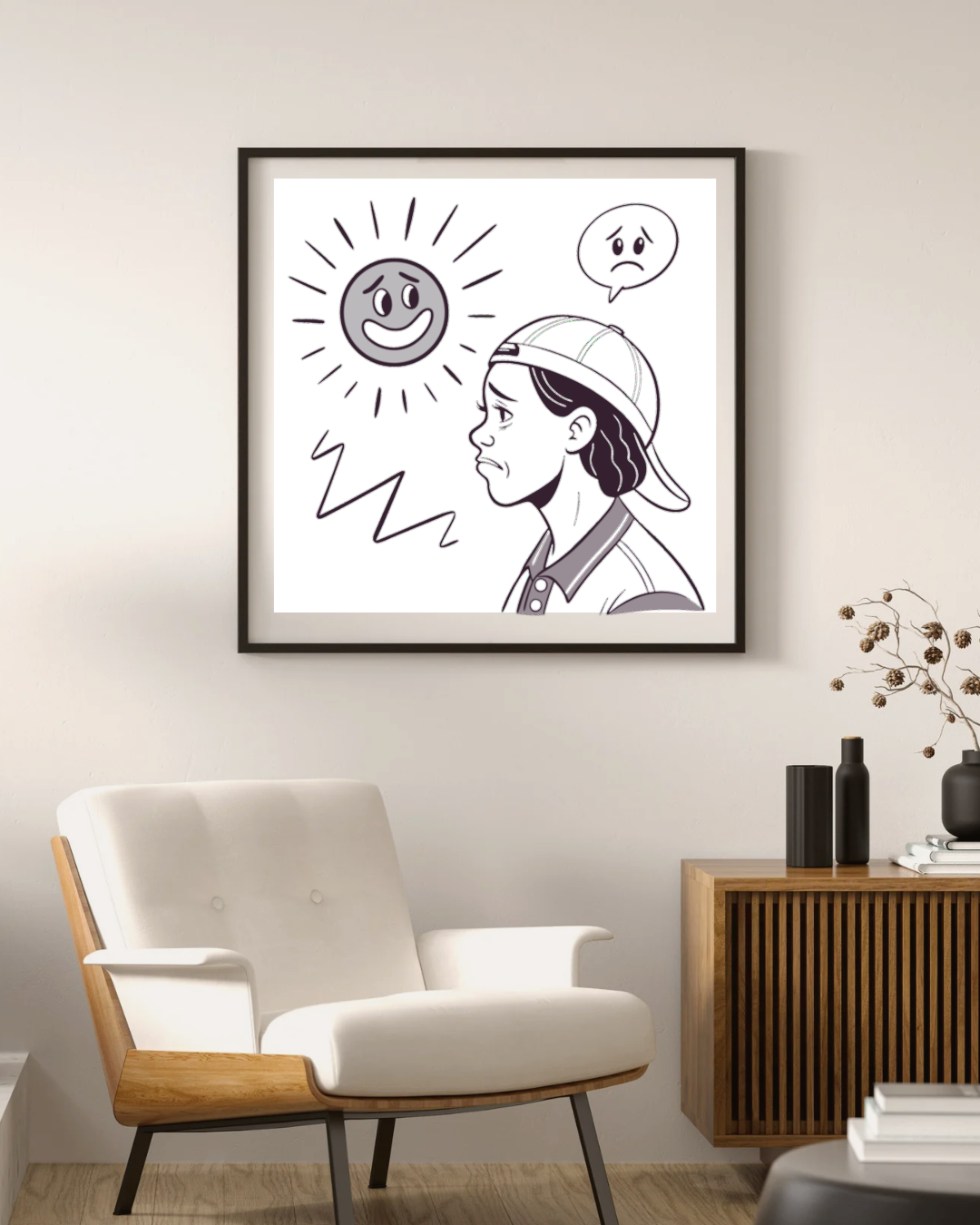 Cadre créatif avec adolescent pensif et soleil souriant esquissé