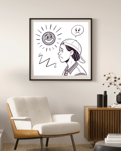 Cadre créatif avec adolescent pensif et soleil souriant esquissé