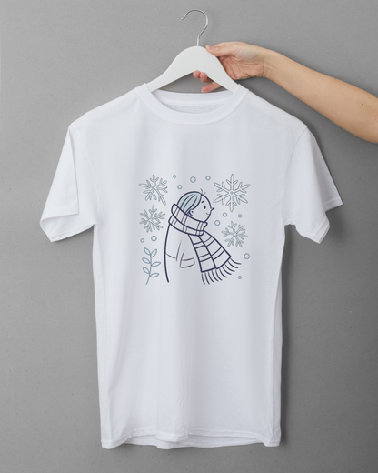 T-shirt avec doodle de personnage hivernal dans ambiance neigeuse