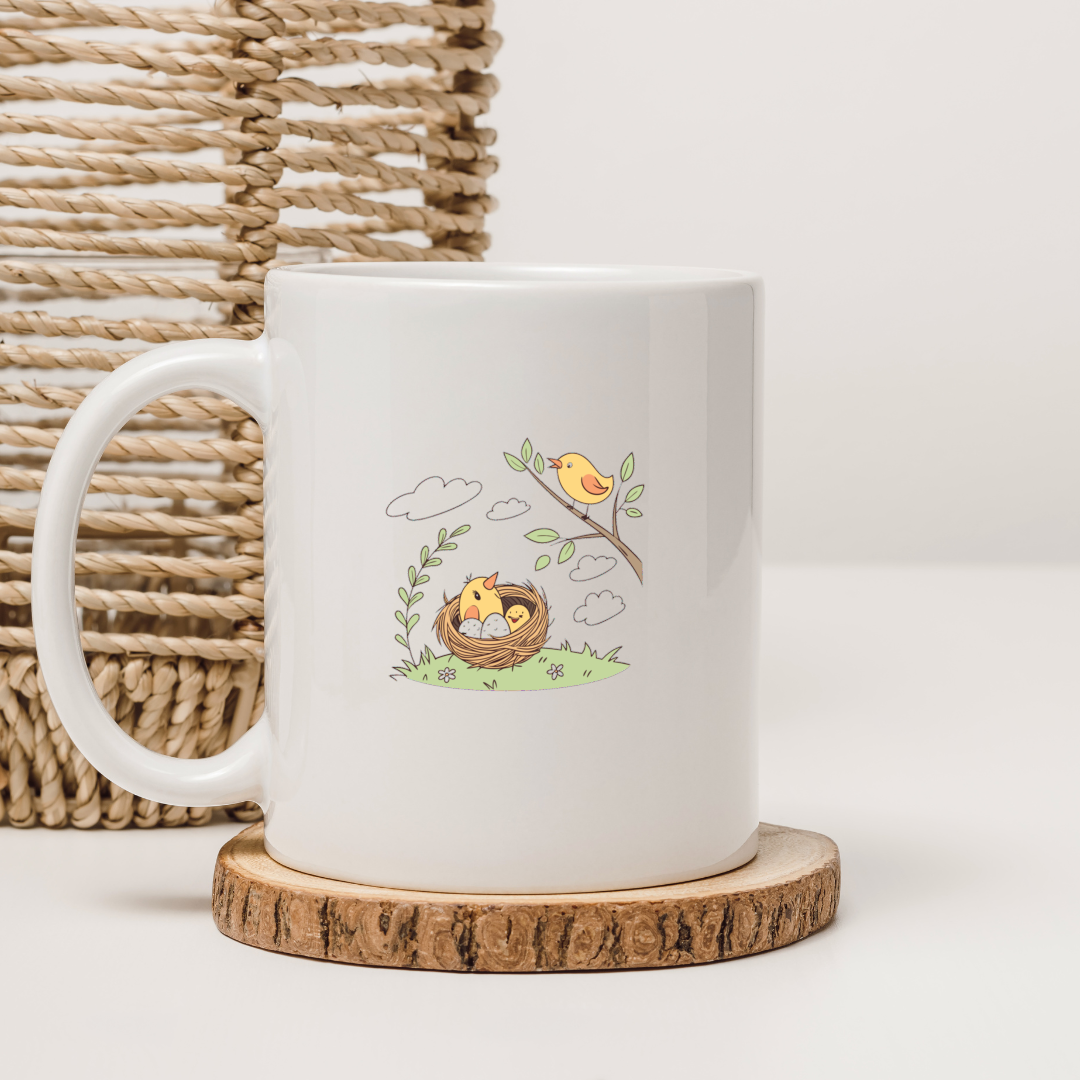 Mug décoratif avec un oiseau chantant sur une branche au style printanier