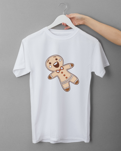 T-shirt avec icône biscuit festif sur fond rouge pour ambiance Noël joviale
