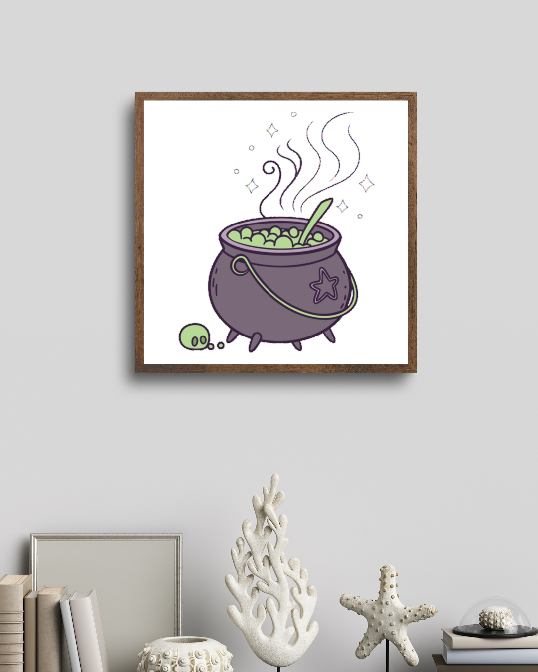 Cadre avec dessin numérique mystique de chaudron magique fumant pour décoration murale