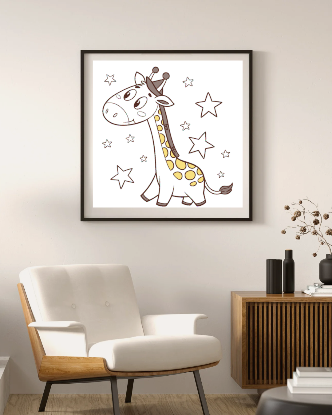 Cadre avec girafe rêveuse cartoon dans une ambiance étoilée, déco originale