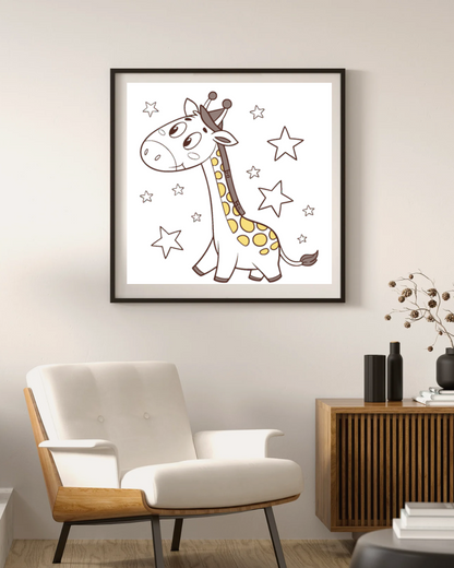 Cadre avec girafe rêveuse cartoon dans une ambiance étoilée, déco originale