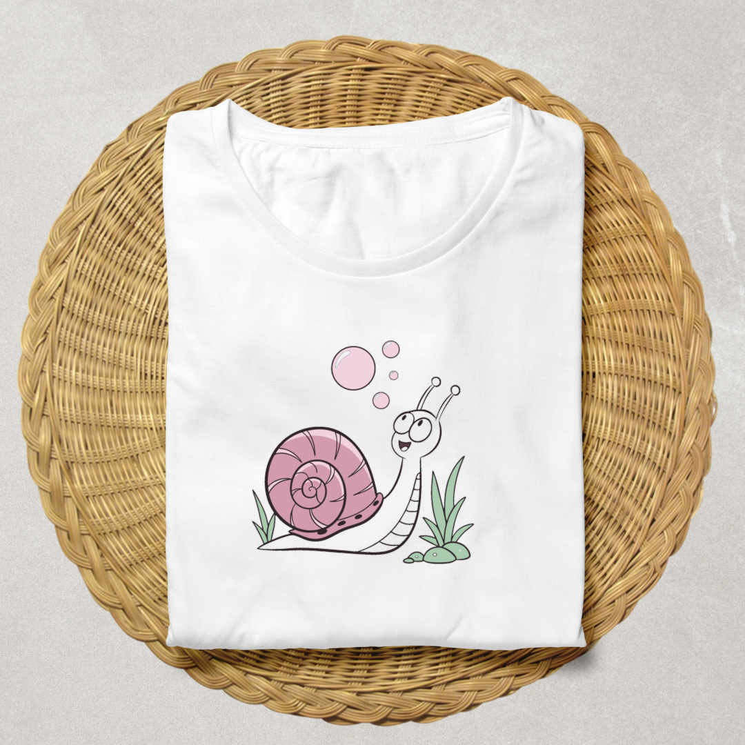 T-shirt jardin élégant avec escargot joyeux pastel soufflant des bulles