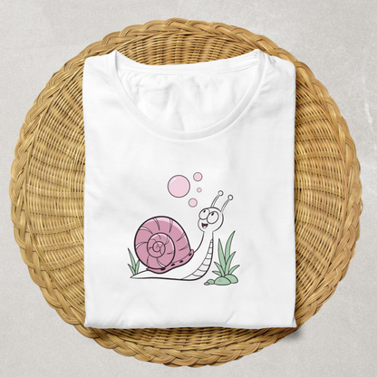 T-shirt jardin élégant avec escargot joyeux pastel soufflant des bulles
