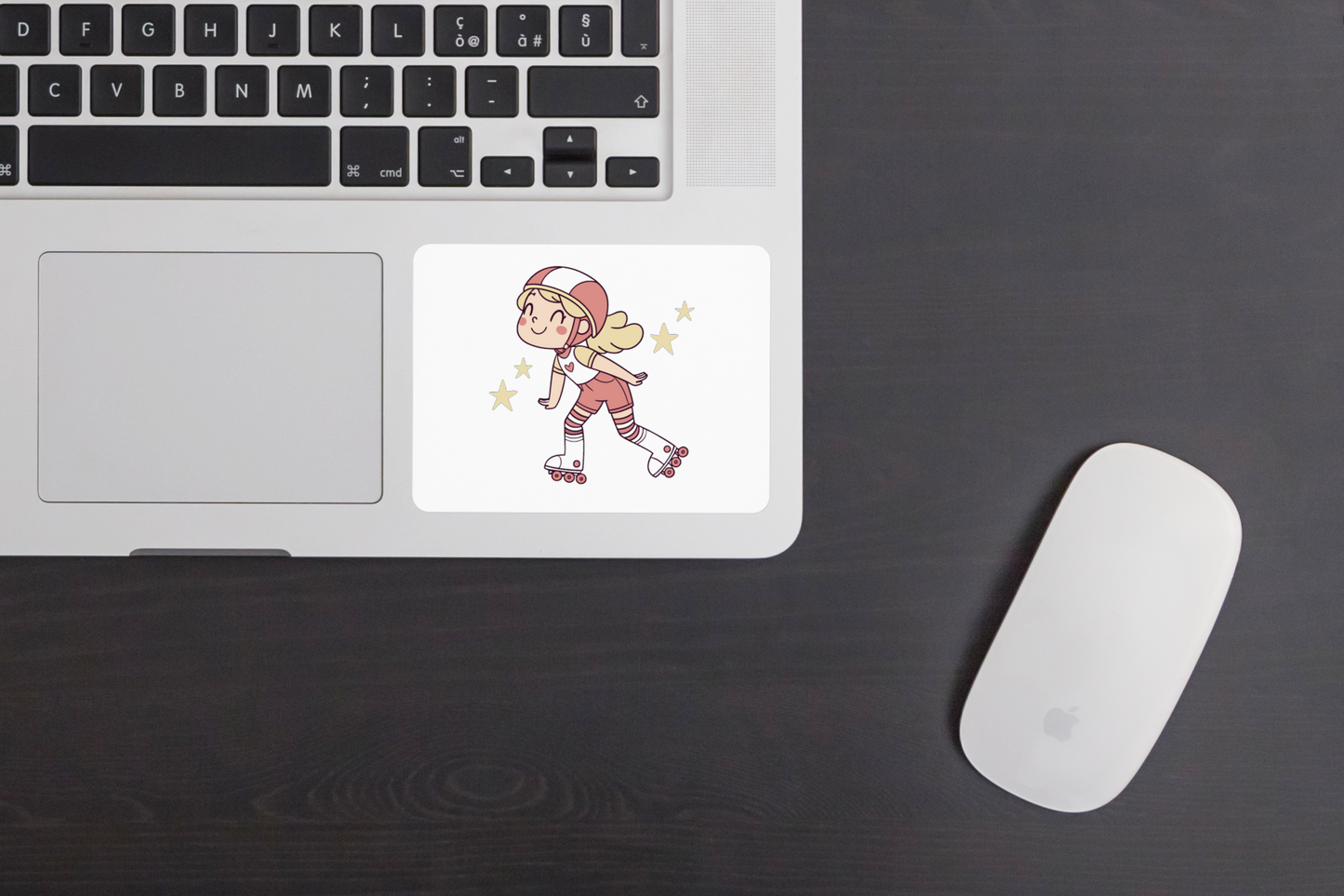 Sticker avec fillette joyeuse en rollers dans un style minimaliste et estival