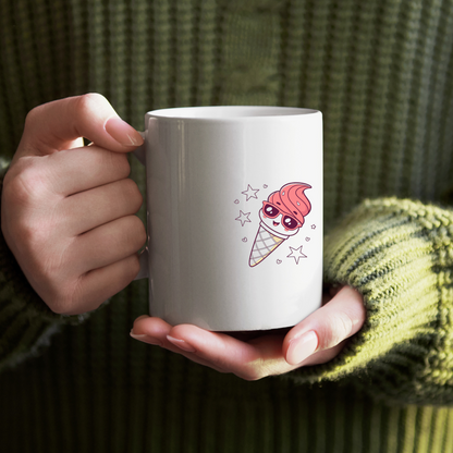 Mug avec icône colorée de cornet de glace joyeux sur fond estival vibrant