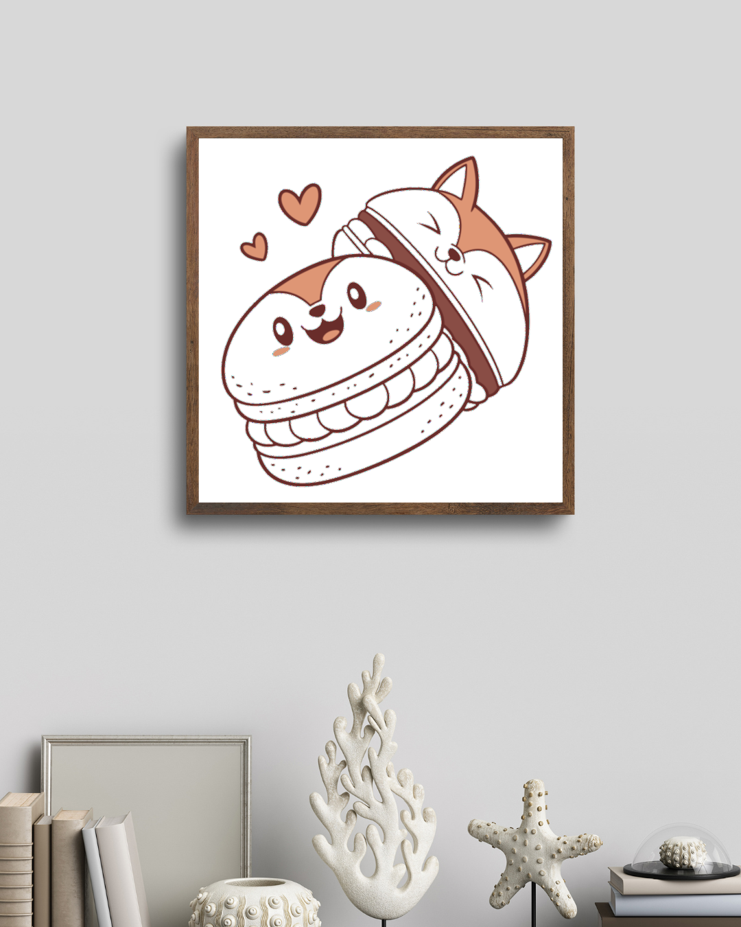 Cadre décoratif avec chien kawaii sur fond gourmand