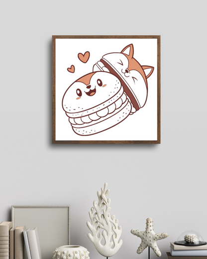 Cadre décoratif avec chien kawaii sur fond gourmand