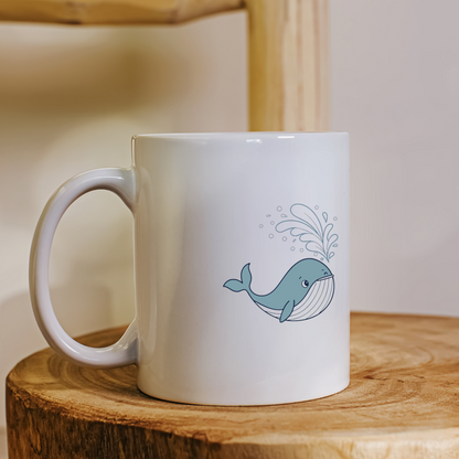 Mug avec doodle marin d'une baleine joyeuse qui arrose l'océan