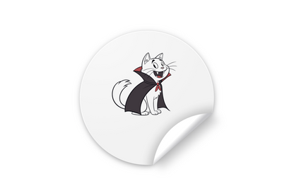 Sticker festif avec un chat vampire cartoon souriant parfait pour Halloween