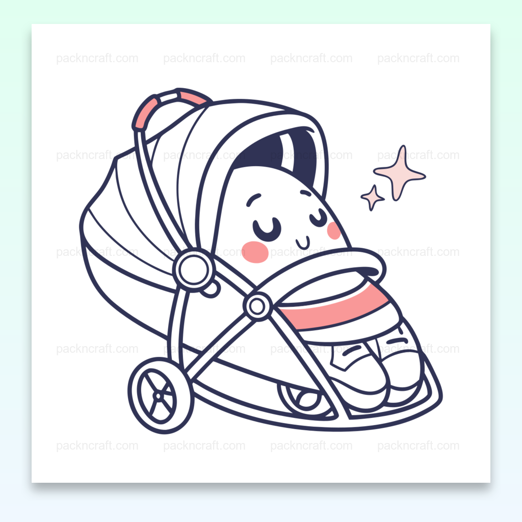 Bébé endormi kawaii dans sa poussette, illustration numérique pour projets créatifs et déco.