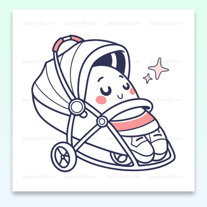 Bébé endormi kawaii dans sa poussette, illustration numérique pour projets créatifs et déco.