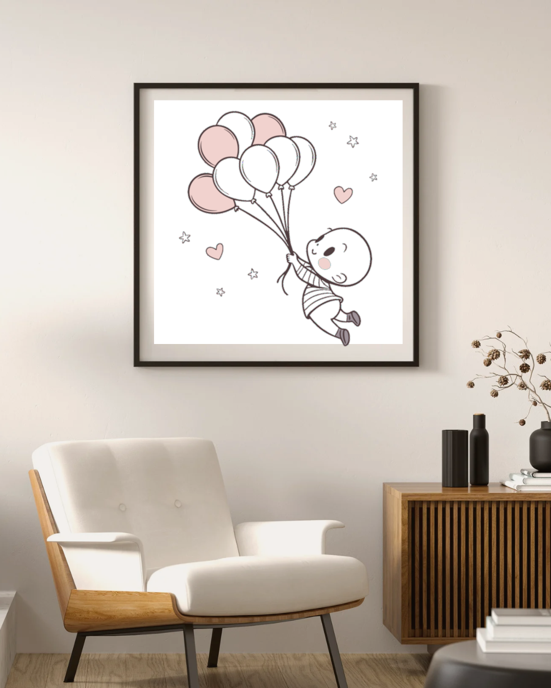 Cadre décoratif avec illustration bébé et ballons kawaii