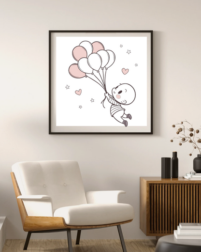 Cadre décoratif avec illustration bébé et ballons kawaii