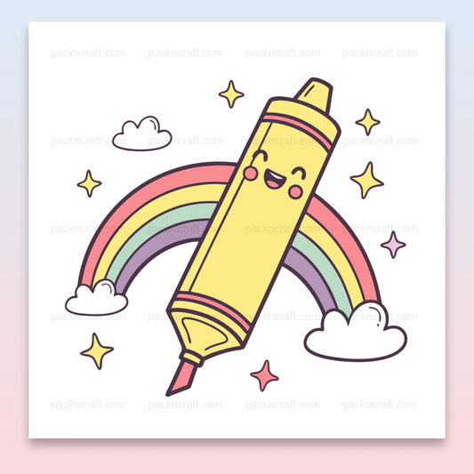 Crayon joyeux pastel traversant un arc-en-ciel, parfait pour projets éducatifs et DIY.
