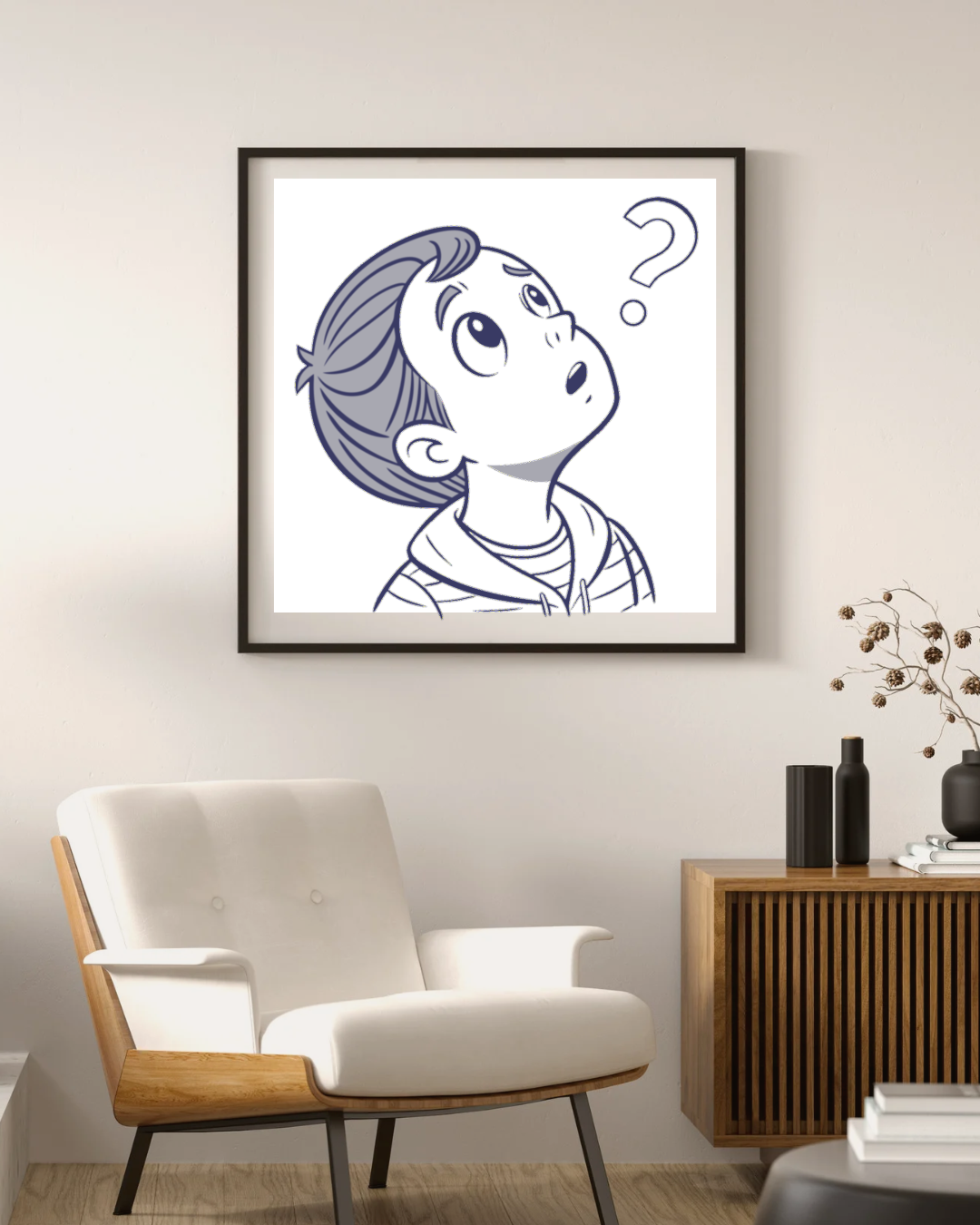 Cadre avec design éducatif montrant un garçon curieux dans un dessin moderne