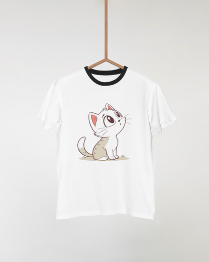 T-shirt avec chat curieux stylisé levant les yeux, compagnon adorable et minimaliste