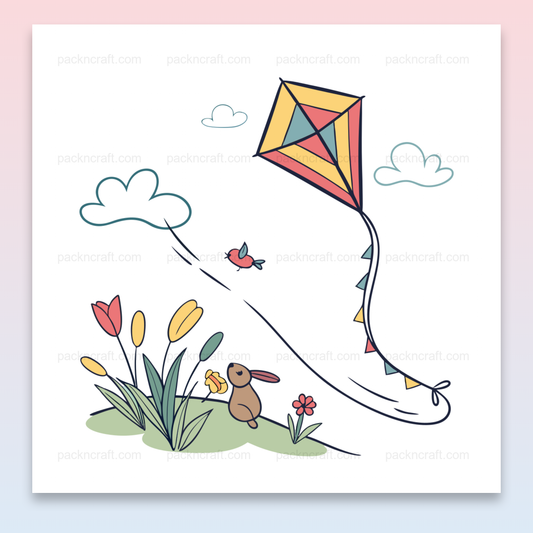 Illustration SVG d'un cerf-volant en vol avec paysage printanier, idéale pour la déco et les projets éducatifs