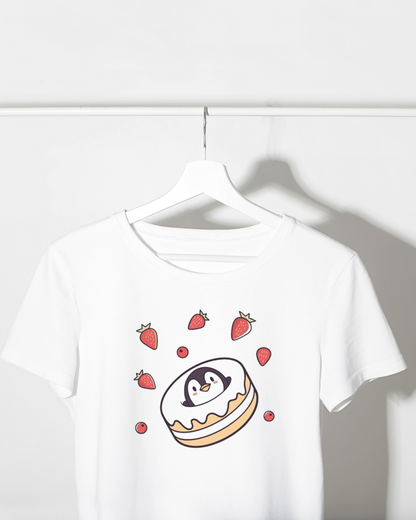 T-shirt illustré style cartoon avec pingouin amusant et fruits d'été