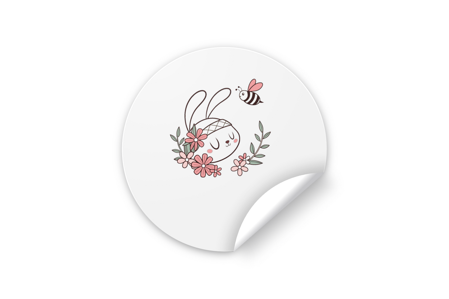 Sticker avec un lapin méditatif et fleurs, style kawaii, dégageant une douceur naturelle