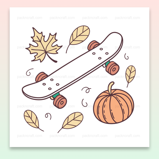 Illustration de skateboard automnal avec des feuilles et une citrouille pour Halloween, fichier numérique SVG.
