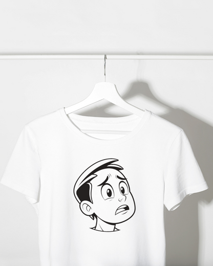T-shirt avec icône de doodle représentant un garçon inquiet expression émotive