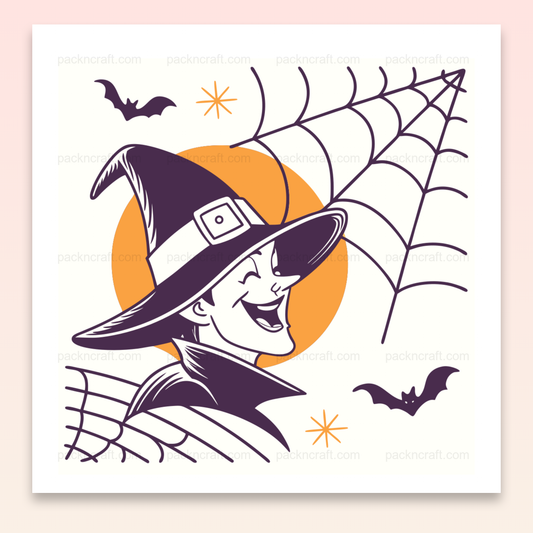 Illustration vintage d'un sorcier rieur entouré de toile d'araignée, idéale pour Halloween, usage éducatif et créatif