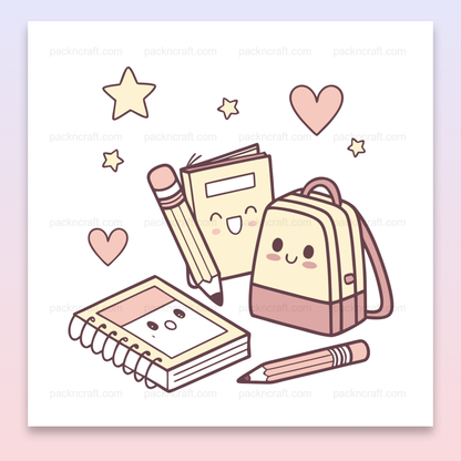 Illustration kawaii de papeterie souriant avec des articles d'école.