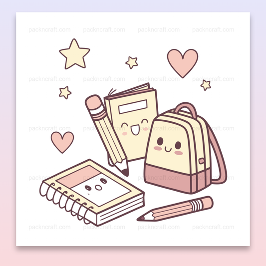 Illustration kawaii de papeterie souriant avec des articles d'école.