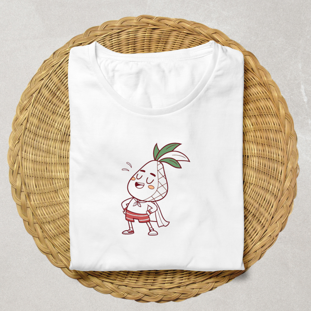 T-shirt illustré d'un ananas héroïque en style vectoriel, ambiance aventure fruitée