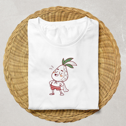 T-shirt illustré d'un ananas héroïque en style vectoriel, ambiance aventure fruitée
