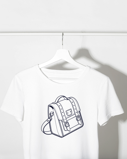 T-shirt avec cartable rétro stylé écolier au design minimaliste et moderne