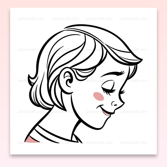 Illustration minimaliste d'une fille rêveuse souriante, idéale pour projets créatifs.