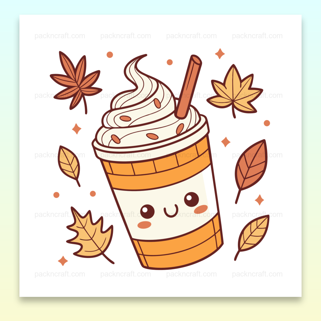 Illustration kawaii d'un latté automnal avec feuilles, usage déco et DIY