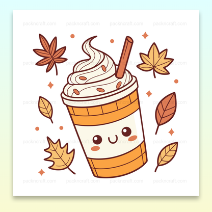 Illustration kawaii d'un latté automnal avec feuilles, usage déco et DIY